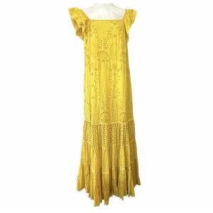 Anthropologie Payal Jain Eyelet Maxi Dress Womens‎ 2 Yellow Boho Cottage Easter